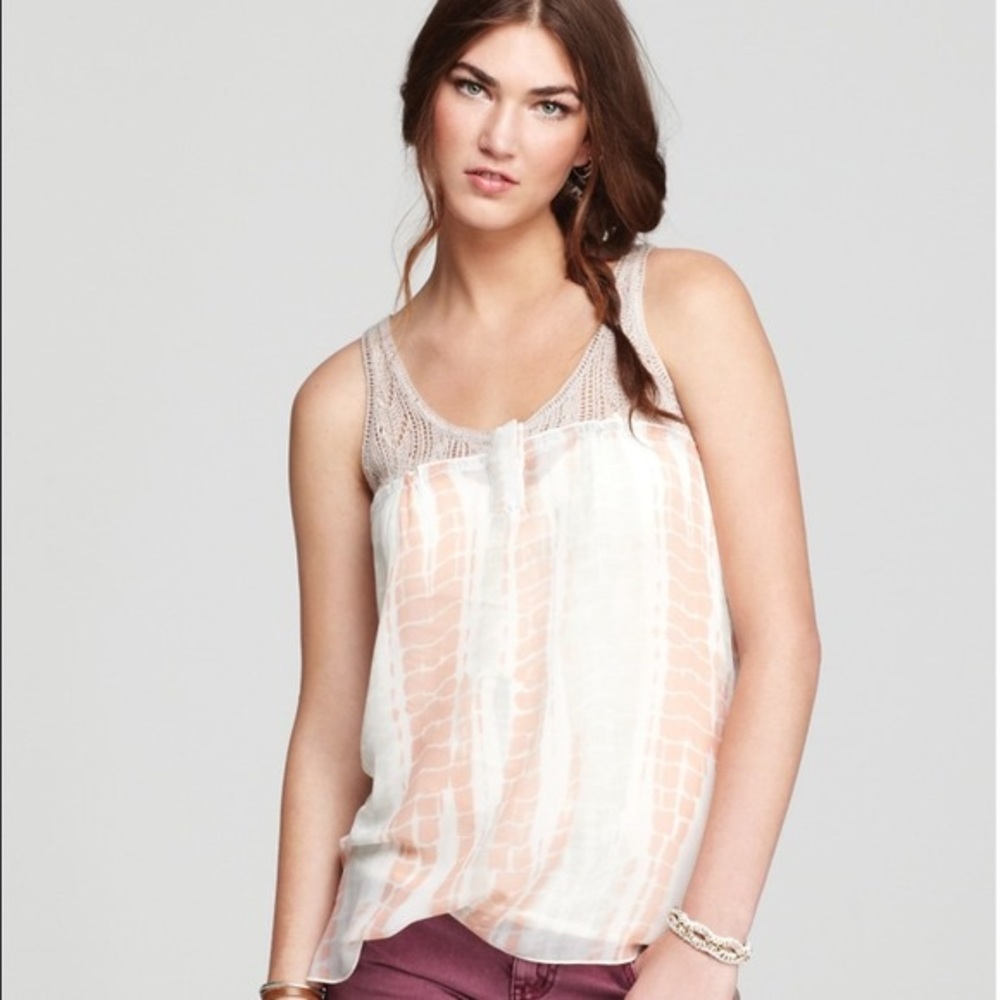 Free People Susquehanna Pink Peach and Cream Crochet Sheer Tank Sz M